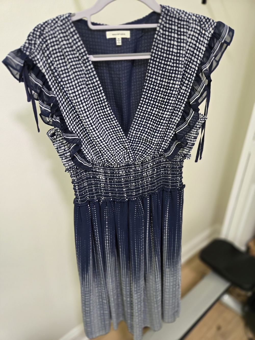 Max Studio Navy and White Dot-Print Midi Dress